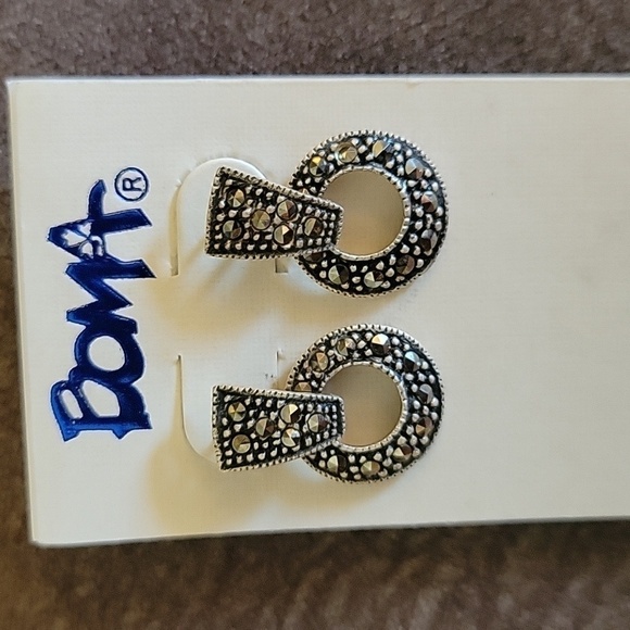 BOMA 925 Oxidized Silver Petite Marcasite Open Circle Dangle Post Earrings - Picture 3 of 4